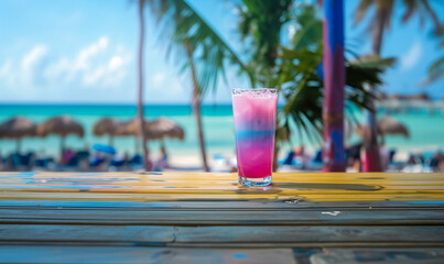 Coctail alcoholic drinks multi colored on the reflective surface of bar counter. Blurred crystal clear water white sand beach on background at summer in Carribean at beach bar