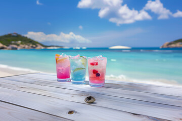 Variety of coctails and alcoholic drinks and multi colored on the reflective surface of bar counter. Blurred cristal clear water white sand beach on background at summer in Carribean 