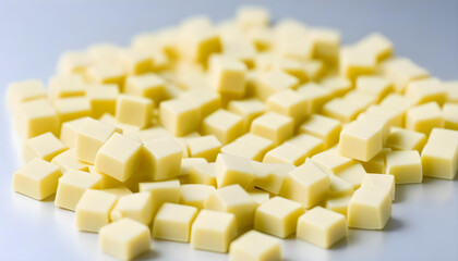 A close-up of diced white chocolate in gray background