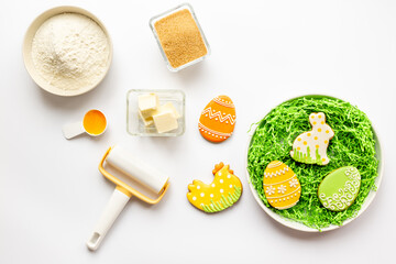 Easter cooking baking background with cookies, flour and butter