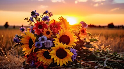 A bouquet of sunflowers and wild flowers in the foreground
