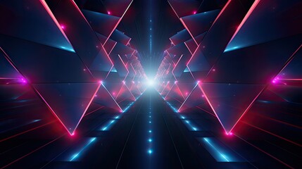Geometric patterns with neon pyramids and rays of light - obrazy, fototapety, plakaty