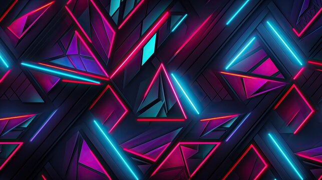 Geometric patterns with neon triangles and curved lines
