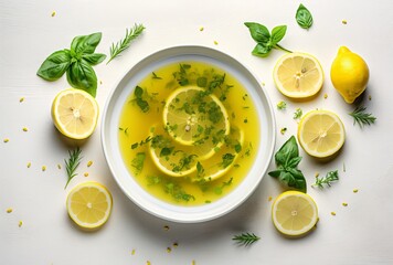 a bowl of soup of lemon and basil