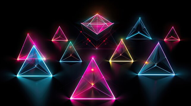 Neon tetrahedrons on black background