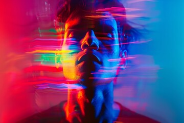 abstract colorful light on a man's face, representing drug use and hallucinations - obrazy, fototapety, plakaty