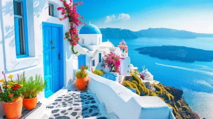 Poster Santorini thira island daytime panorama of fira and oia towns with white houses, cliffs, and beaches © Ilja