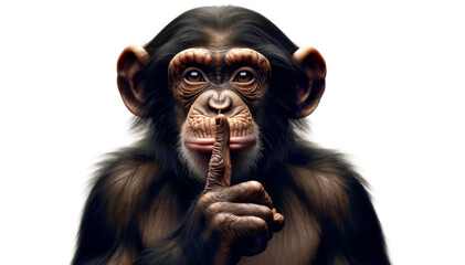 Monkey gesturing asking for silence presses his finger to his lips and demands to close his mouth. Chimpacee doing hush silence gesture with finger over mouth