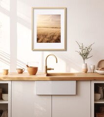 A close up of white kitchen with wooden countertop and gold sink
