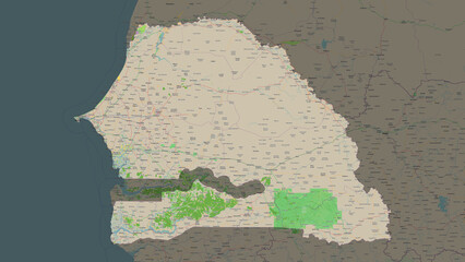 Senegal highlighted. OSM Topographic French style map © zelwanka