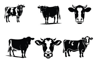 Black and white cow illustration. Set cow silhouette. Minimalist and Flat Logo