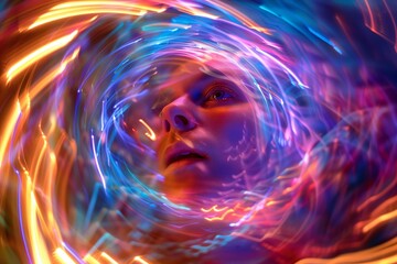 abstract colorful lights spinning around a person's head, representing sensory overload, with copy space - obrazy, fototapety, plakaty