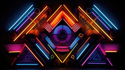 Geometric shapes with neon outlines and fans of light