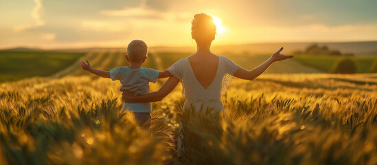 Fototapeta premium happy family with open arms against to sun in the wheat field