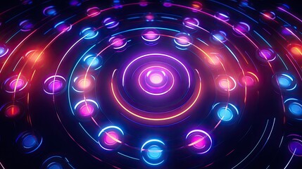Neon circles and lines creating an ornamental background - obrazy, fototapety, plakaty