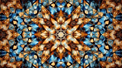 Kaleidoscope style geometric background with repeating patterns and symmetry