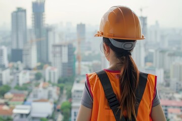 Rear view of female engineer wearing safety helmet and looking at the city.