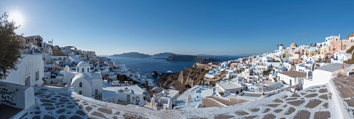 Santorini thira island daytime panorama  fira and oia towns overlooking cliffs and beaches
