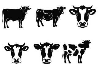 Black and white cow illustration. Set cow silhouette. Minimalist and Flat Logo