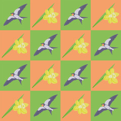 Swallow and daffodil contrast seamless pattern. Flat hand drawn bird and flower in contrast squares. Unique retro print design for textile, wallpaper, interior, wrapping. Spring concept