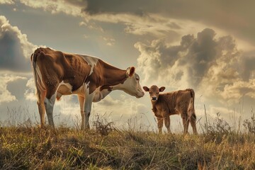 Cow and calf in the field on a beautiful summer day. Farm animals graze on the farmland. AI Generated