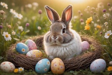 Fototapeta na wymiar A charming Easter bunny nestled among colorful Easter eggs