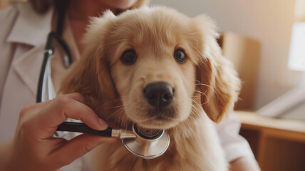 A cute dog being examined by a veterinarian with a stethoscope