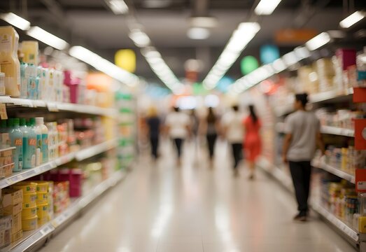 Blurred image of a bustling supermarket aisle, generative AI