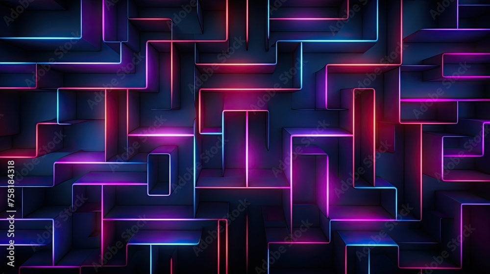 Canvas Prints geometric background with neon outlines and glowing grid effect