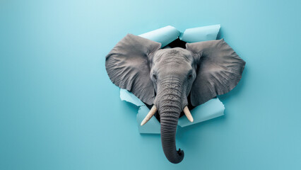 A powerful image of an elephant breaking through a blue colored paper, symbolizing breakthrough and strength