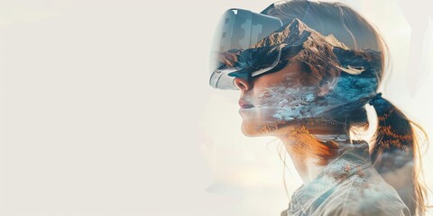 Double exposure of a woman in VR headset the virtual world are happening simultaneously. Digital Escapism concept