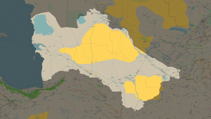 Turkmenistan highlighted. OSM Topographic French style map