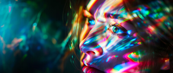 abstract colorful light on a woman's face, representing drug use and hallucinations, with copy space - obrazy, fototapety, plakaty