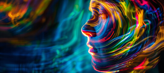 abstract colorful swirling light on a woman's face, representing drug use and hallucinations, with copy space - obrazy, fototapety, plakaty