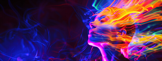 abstract colors and shapes floating around a woman's head, representing drug use and hallucinations, with copy space - obrazy, fototapety, plakaty