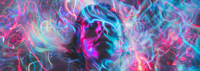abstract colors and shapes floating around a woman's head, representing mind altering drugs, with copy space - obrazy, fototapety, plakaty