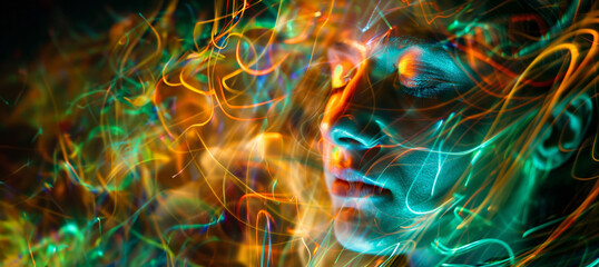 abstract lights and shapes floating around a woman's head, representing mind altering drugs, with copy space - obrazy, fototapety, plakaty