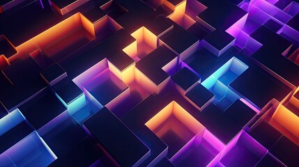 Geometric backgrounds with neon cubes and curved lines