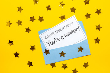 Lottery winner ticket or congratulatory letter on letter envelope. Winner concept.