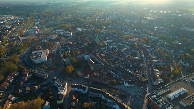Aerial of the old town around the city Dorsten in Germany on a cloudy noon in fall	