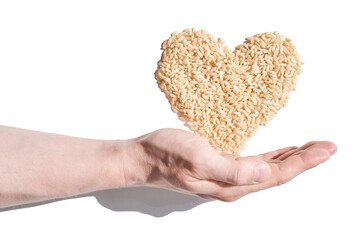 A heart-shaped rice pile, symbolizing love, unity, and hope. The grains, diverse and wholesome, reflect global solidarity. Care, health, and nutrition, fostering a sense of harmony and charity.