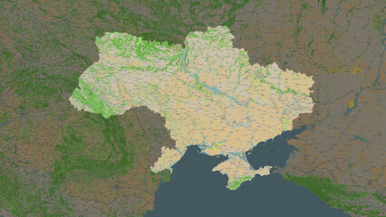 Ukraine before 2014 highlighted. OSM Topographic French style map