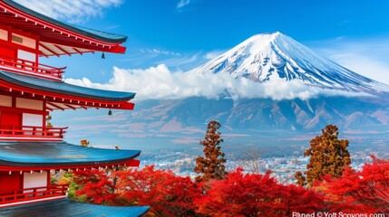 Mtfuji, tokyo s tallest volcano with snow capped peak and red trees, nature landscape wallpaper - obrazy, fototapety, plakaty