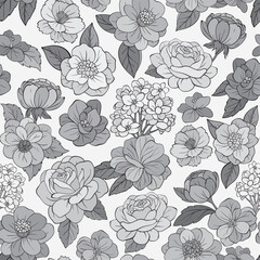 Seamless monochrome pattern with floral elements. - 758185373