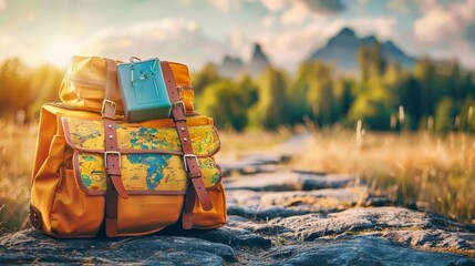 A yellow backpack with a green strap sits on a rocky path - Powered by Adobe