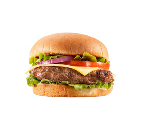 Hamburger with cheese, tomato, onion, lettuce on white