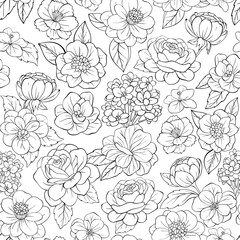 Seamless outline pattern with floral elements. - 758185703