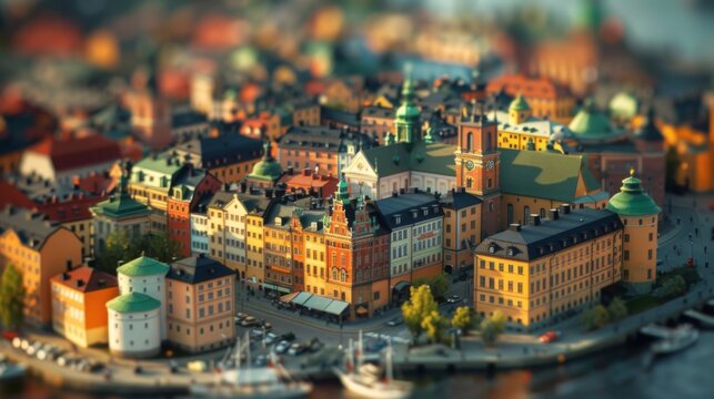 Tilt-shift photography of the Stockholm. Top view of the city in postcard style. Miniature houses, streets and buildings