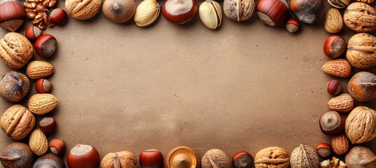Assorted nuts on neutral background with ample space for customized text placement