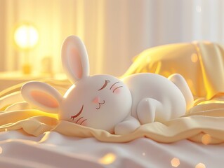 Sleeping bunny figurine on a soft bed with warm glowing lights. 3D digital illustration of a cozy bedtime or nursery concept